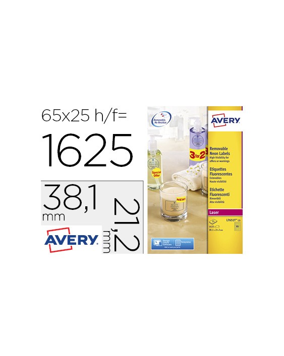 Etiqueta adhesiva avery tamaño 38,1x21,2 mm removible amarillo fluorescente caja de 1625 unidades
