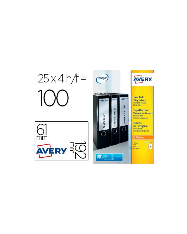 Etiqueta adhesiva avery permanente blanca 61x192 mm para lomo archivador laser caja de 100 unidades
