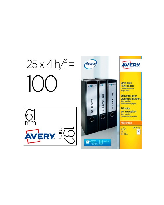 Etiqueta adhesiva avery permanente blanca 61x192 mm para lomo archivador laser caja de 100 unidades