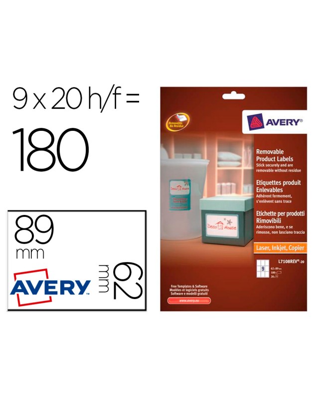 Etiqueta adhesiva avery removible para impresora laser inyeccion tinta fotocopiadora blanca 62x89 mm