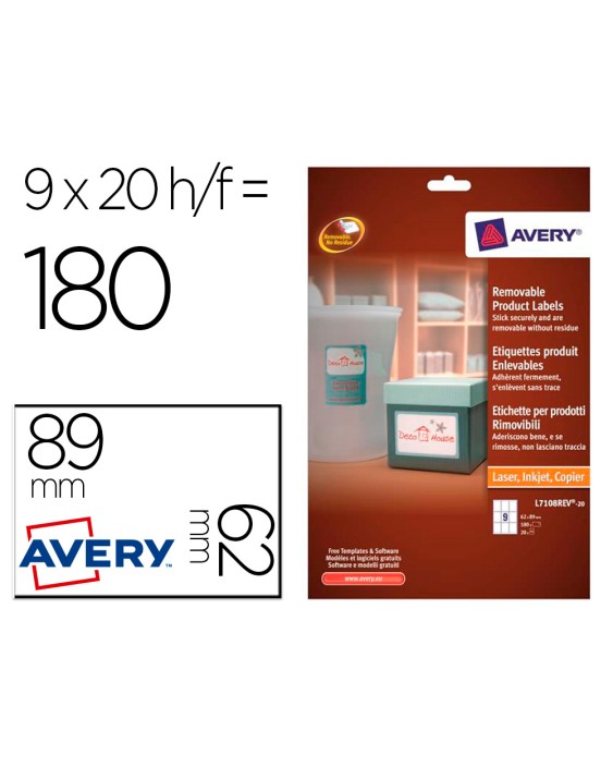 Etiqueta adhesiva avery removible para impresora laser inyeccion tinta fotocopiadora blanca 62x89 mm