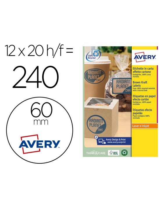 Etiqueta adhesiva avery kraft efecto carton redonda 60 mm removible para laser ink-jet caja de 300 unidades
