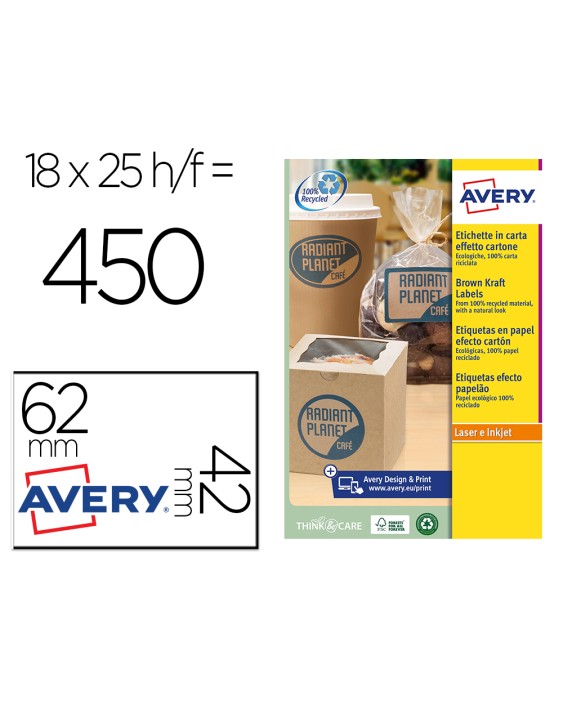 Etiqueta adhesiva avery kraft efecto carton rectangular 62x42 mm removible para laser ink-jet caja de 160 unidades