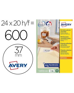 Etiqueta adhesiva avery blanca redonda removible para laser ink-jet fotocopiadora 37 mm caja de 600 unidades