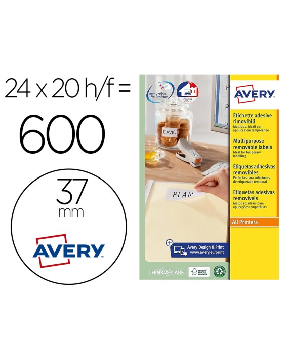 Etiqueta adhesiva avery blanca redonda removible para laser ink-jet fotocopiadora 37 mm caja de 600 unidades