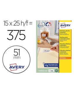Etiqueta adhesiva avery blanca redonda removible para laser ink-jet fotocopiadora 51 mm caja de 375 unidades