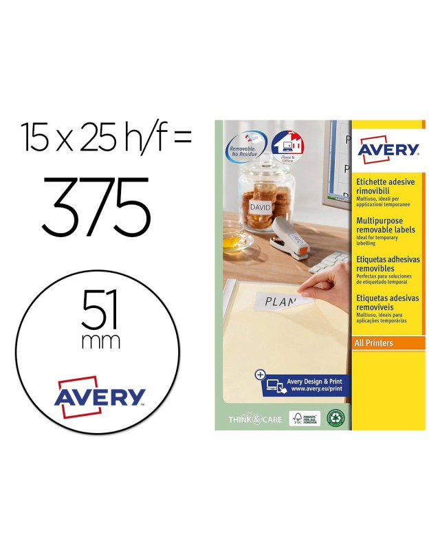 Etiqueta adhesiva avery blanca redonda removible para laser ink-jet fotocopiadora 51 mm caja de 375 unidades
