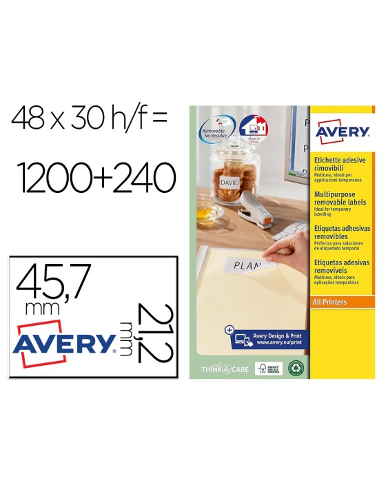 Etiqueta adhesiva avery blanca removible para laser ink-jet fotocopiadora 45,7x 21,2 mm caja de 1200 unidades