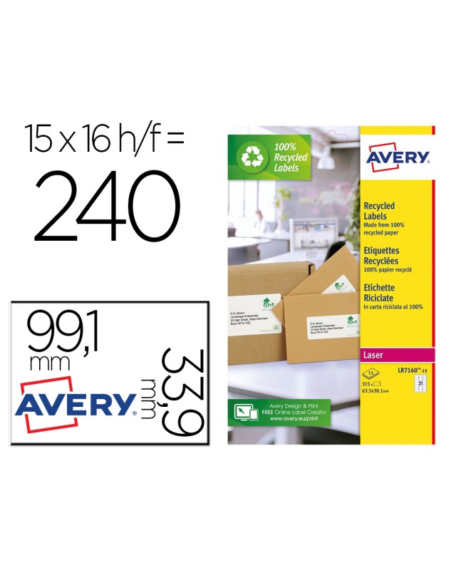 Etiqueta adhesiva avery blanca permanente reciclada 100% laser 99,1x33,9 mm caja de 240 unidades