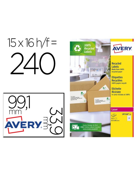 Etiqueta adhesiva avery blanca permanente reciclada 100% laser 99,1x33,9 mm caja de 240 unidades
