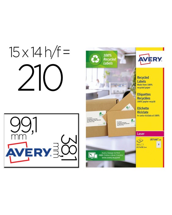 Etiqueta adhesiva avery blanca permanente reciclada 100% laser 99,1x38,1 mm caja de 210 unidades