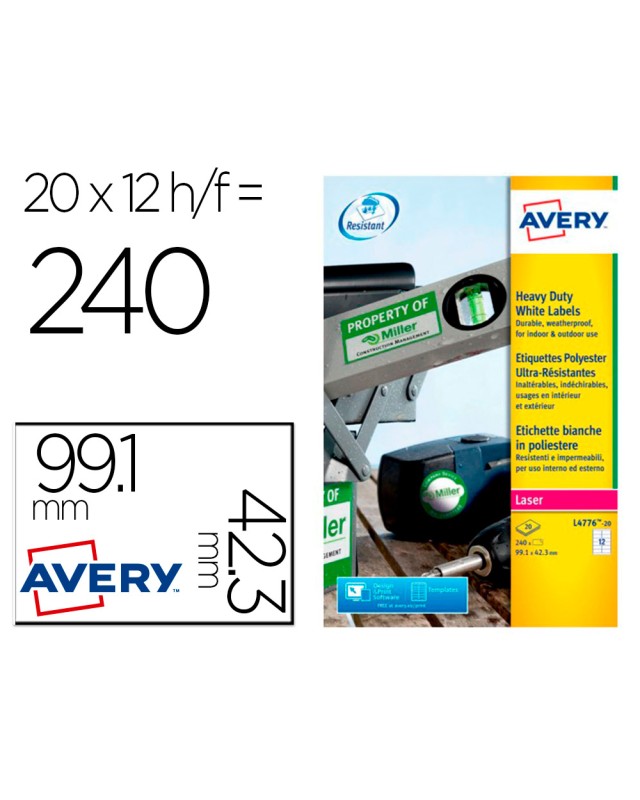 Etiqueta adhesiva resistente avery poliester blanco laser 99,1x42,3 mm caja de 240 unidades