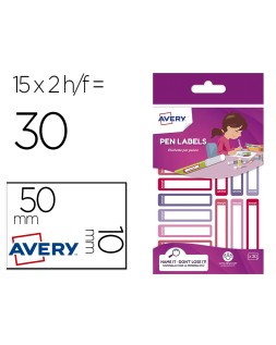 Etiqueta avery para boligrafos y lapices rosa y violeta 50x10 mm blister de 30 unidades