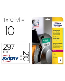 Etiqueta adhesiva avery politileno blanco permanente laser fotocopiadora 210x297 mm blister 10 unidades