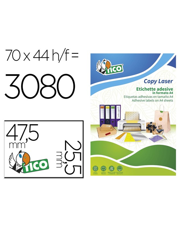 Etiqueta adhesiva tico amarill o fluorescentes permanente fsclaser/inkjet/fotocopia 47,5x25,5 mm caja de 3080 unidades