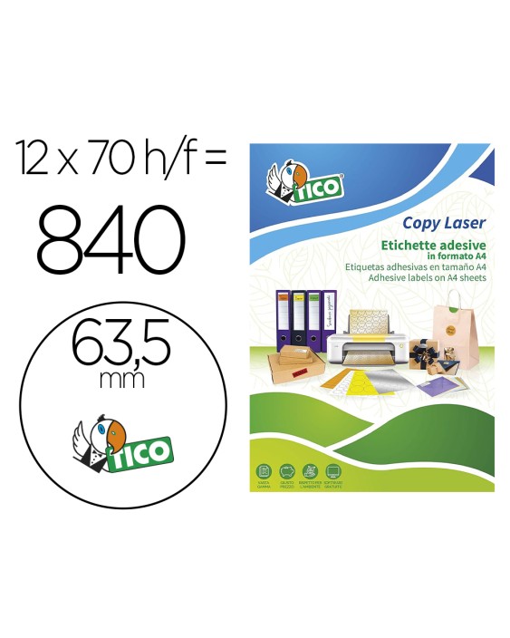 Etiqueta adhesiva tico verde f luorescentes permanente fsc laser/inkjet/fotocopia redonda 63,5mm caja de 840 unidades