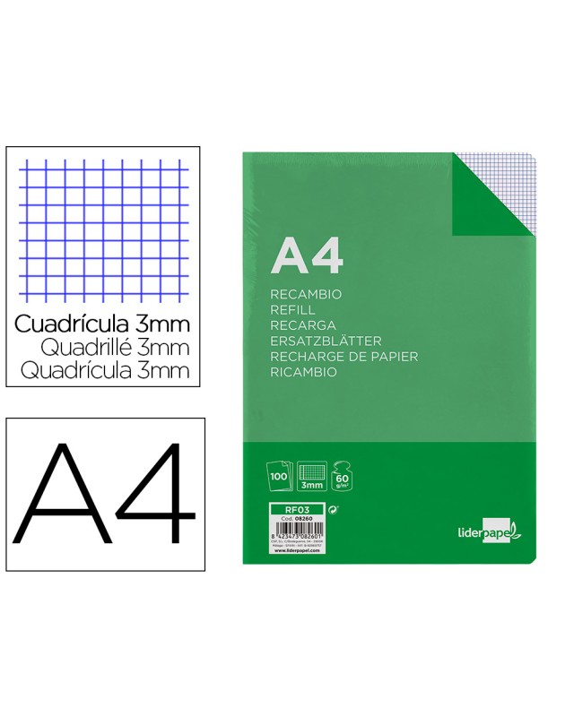 Recambio liderpapel a4 100 hojas 60gr cuadro 3 mm con margen 4 taladros