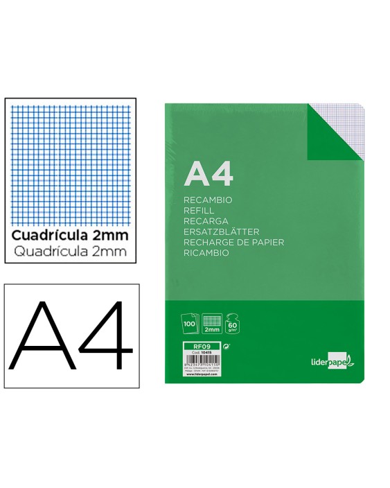 Recambio liderpapel a4 100 hojas 60gr milimetrado sin margen 4 taladros