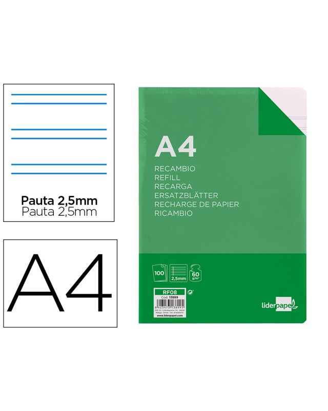 Recambio liderpapel a4 100 hojas 60gr pauta 5ª 2.5mm con margen 4 taladros