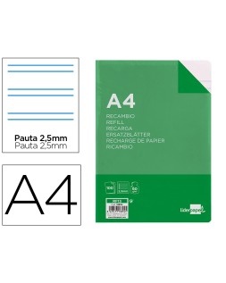 Recambio liderpapel folio 100 hojas 60gr pauta 5ª 2.5mm con margen 16 taladros