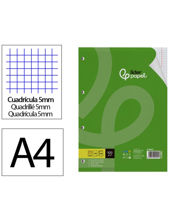 Recambio liderpapel a4 100 hojas 100gr cuadro 5mm con doble margen 4 taladros
