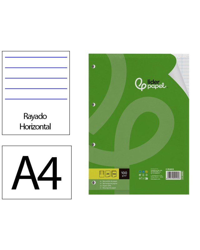 Recambio liderpapel a4 100 hojas 100gr horizontal con doble margen 4 taladros