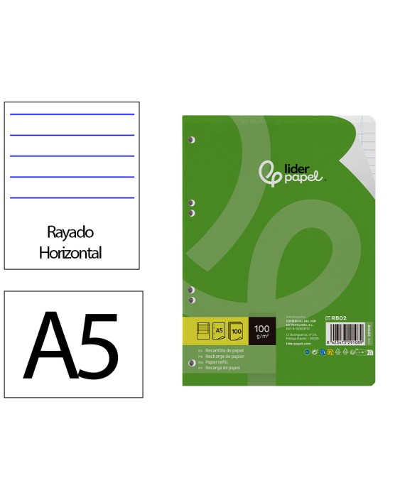 Recambio liderpapel a5 100 h 100gr horizontal doble margen 6 taladros