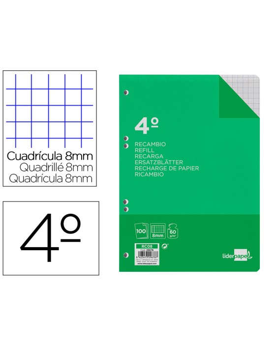 Recambio liderpapel cuarto 100 hojas 60gr cuadro 8mm con margen 6 taladros