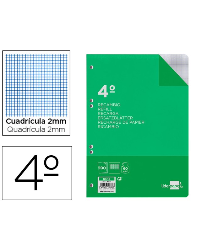 Recambio liderpapel cuarto 100 hojas 60gr milimetrado sin margen 6 taladros