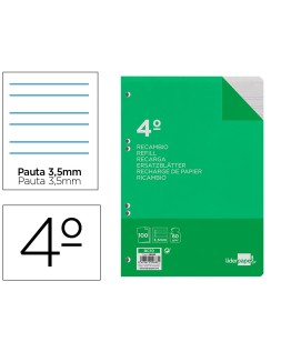 Recambio liderpapel cuarto 100 hojas 60gr pauta 4ª 3.5mm con margen 6 taladros