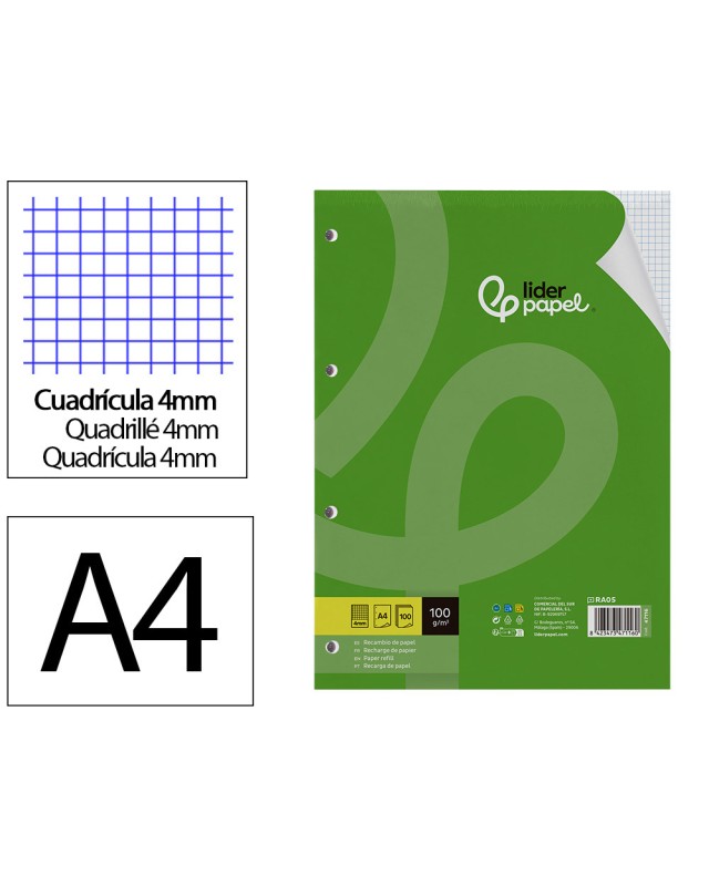 Recambio liderpapel a4 100 hojas 100gr cuadro 4mm con m argen 4 taladros