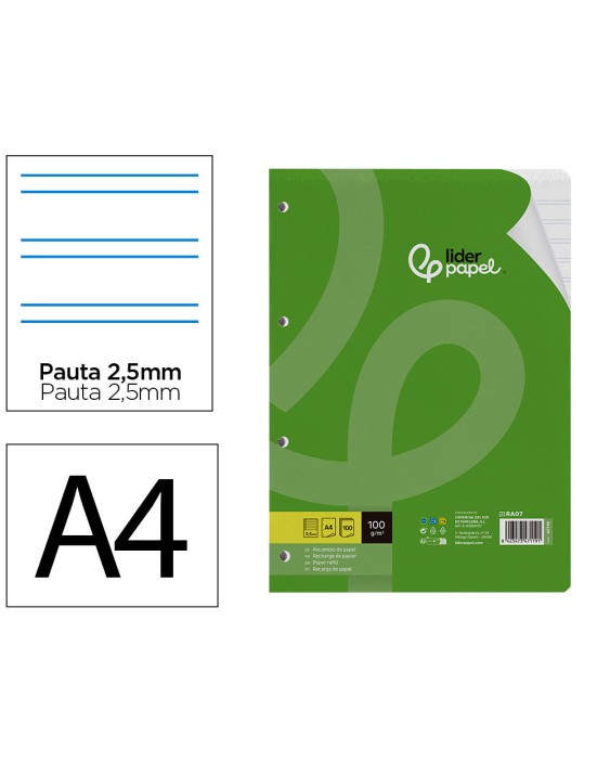 Recambio liderpapel a4 100 hojas 100gr pauta 5ª 2.5mm con margen 4 taladros