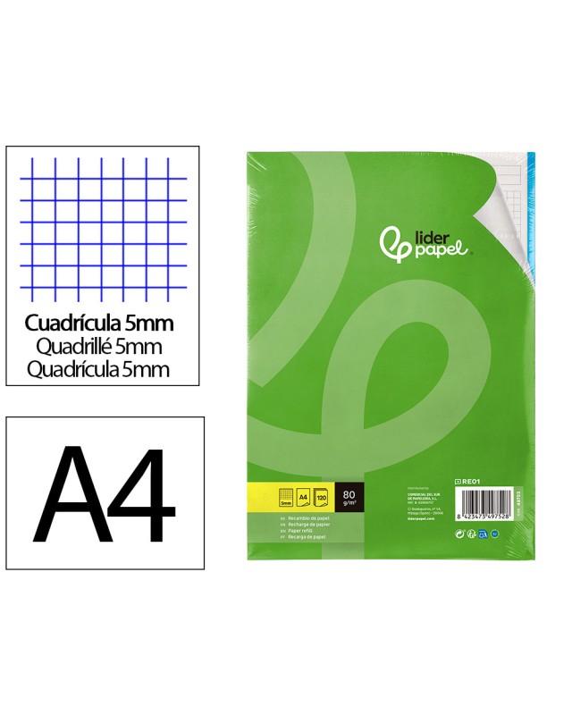 Recambio liderpapel a4 120 hojas 80gr cuadro 5mm sin ma rgen 4 taladros bandas de 5 colores