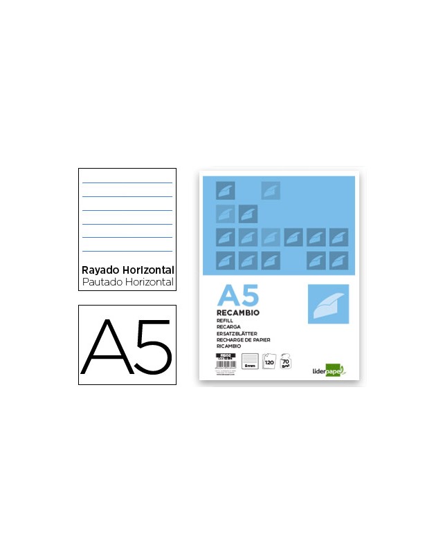 Recambio liderpapel a5 120 hojas 80gr horizontal sin ma rgen 6 taladros bandas de 5 colores