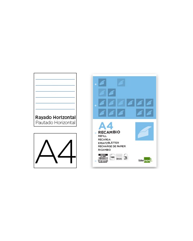 Recambio liderpapel a4 120 hojas 70gr horizontal sin ma rgen 4 taladros bandas de 5 colores