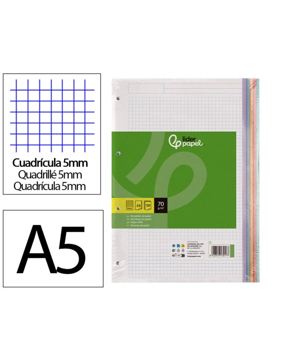 Recambio liderpapel a5 120 hojas 75gr cuadro 5mm sin ma rgen 6 taladros bandas de 5 colores