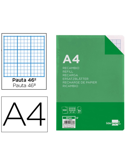 Recambio liderpapel a4 100 hojas 60gr rayado nº 46 4 taladros