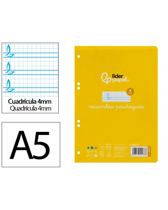 Recambio liderpapel a5 pautaguia 100 hojas 75gr cuadriculado pautado 4mm con margen 6 taladros