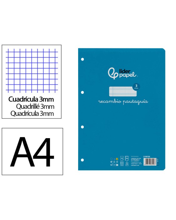 Recambio liderpapel a4 pautaguia 100 hojas 75gr cuadriculado pautado 3mm con margen 4 taladros