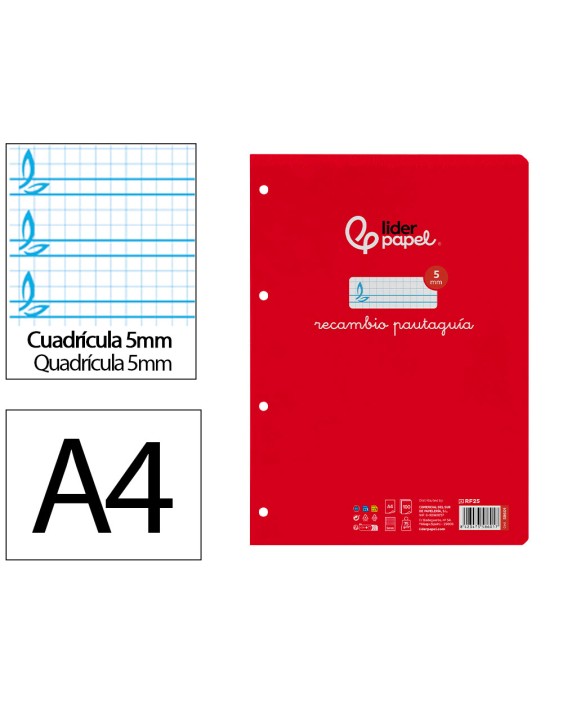 Recambio liderpapel a4 pautaguia 100 hojas 75gr cuadriculado pautado 5mm con margen 4 taladros