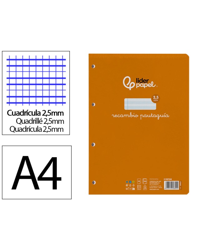 Recambio liderpapel a4 pautaguia 100 hojas 75gr cuadriculado pautado 2,5mm con margen 4 taladros