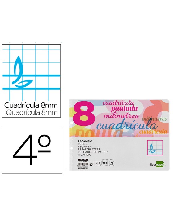 Recambio liderpapel cuarto apaisado pautaguia 100 hojas 75gr cuadriculado pautado 8mm con margen 2 taladros