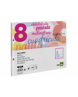 Recambio liderpapel cuarto apaisado pautaguia 100 hojas 75gr cuadriculado pautado 8mm con margen 2 taladros