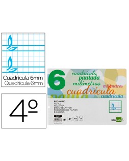 Recambio liderpapel cuarto apaisado pautaguia 100 hojas 75gr cuadriculado pautado 6mm con margen 2 taladros
