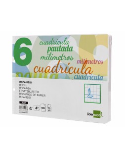 Recambio liderpapel cuarto apaisado pautaguia 100 hojas 75gr cuadriculado pautado 6mm con margen 2 taladros