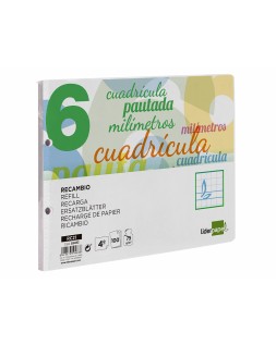 Recambio liderpapel cuarto apaisado pautaguia 100 hojas 75gr cuadriculado pautado 6mm con margen 2 taladros