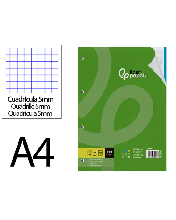 Recambio liderpapel a4 100 hojas 100gr cuadro 5mm 4 taladros bandas de 5 colores