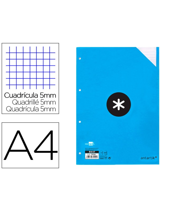Recambio antartik a4 100 hojas 90gr cuadro 5 mm 4 taladros bandas de 5 colores