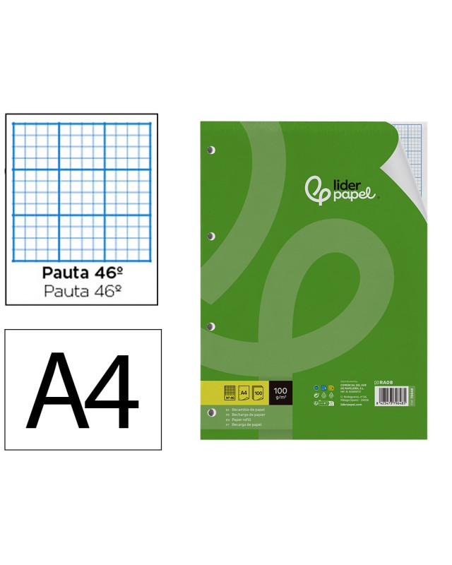 Recambio liderpapel a4 100 hojas 100gr rayado nº 46 4 taladros