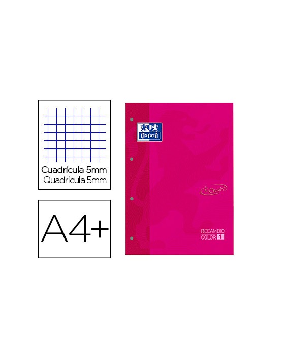 Recambio color 1 oxford din a4+ 80 hojas 90 gr cuadricula 5 mm tapa blanda 4 taladros fucsia touch
